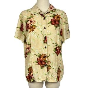 First Issue Rayon Hawaiian Floral Camp‎ Shirt Women Size 12 Tropical Beige